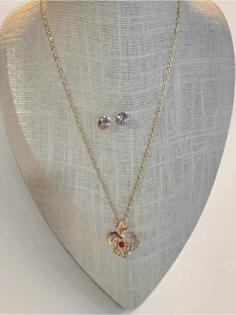 NEW Gold Heart Pendant Necklace with Red and Clear Stones - Women Jewelry